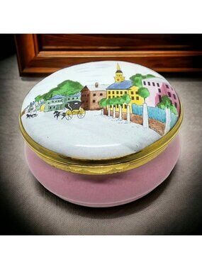 Crummles Enamel Trinket Box Panorama Of Massachusets Ltd Ed 124/250 Pink England